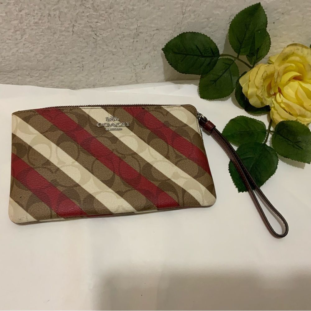 Coach Signature Striped Large Zip Close Wristlet Purse Clutch